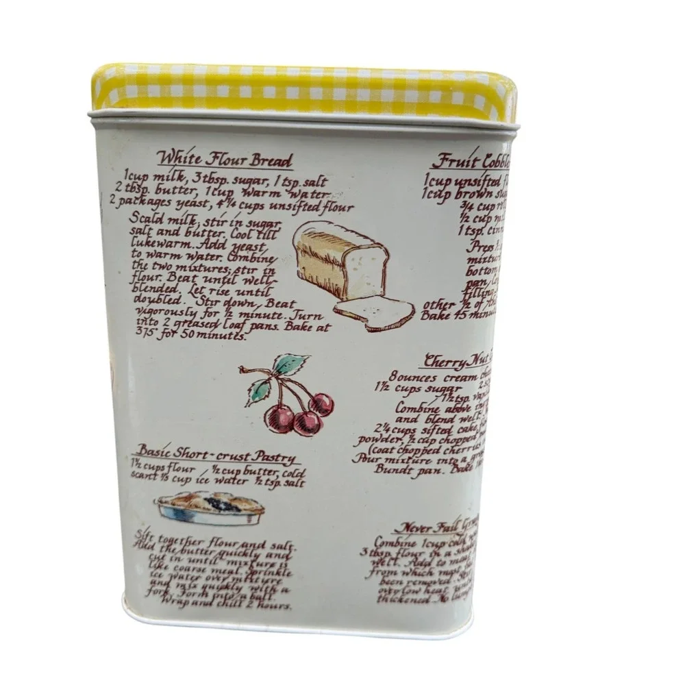 Vintage 4 Pc Metal Canister Set Recipe Flour Sugar Coffee Tea Yellow Gingham